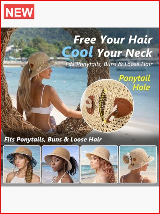 UPF 80+ Cooling Straw Sun Hat with Ponytail Opening & Chin Strap